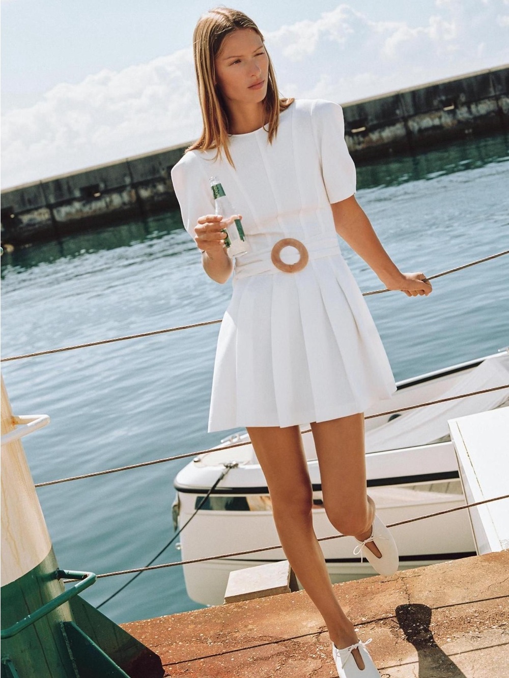 Zara White Pleated Mini Dress with Round Buckle Belt